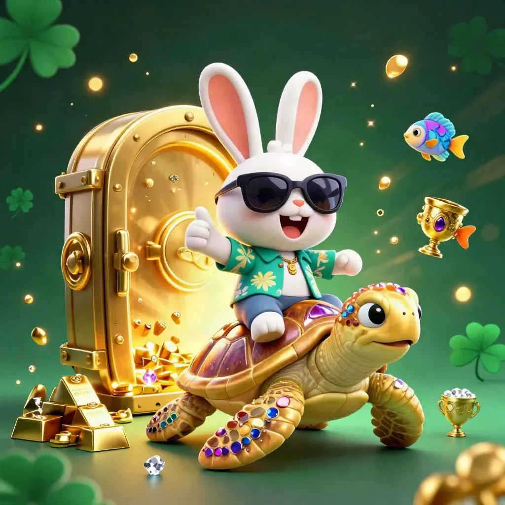 Lucky rabbit on a golden sea turtle amid treasure, gems, and glowing casino light