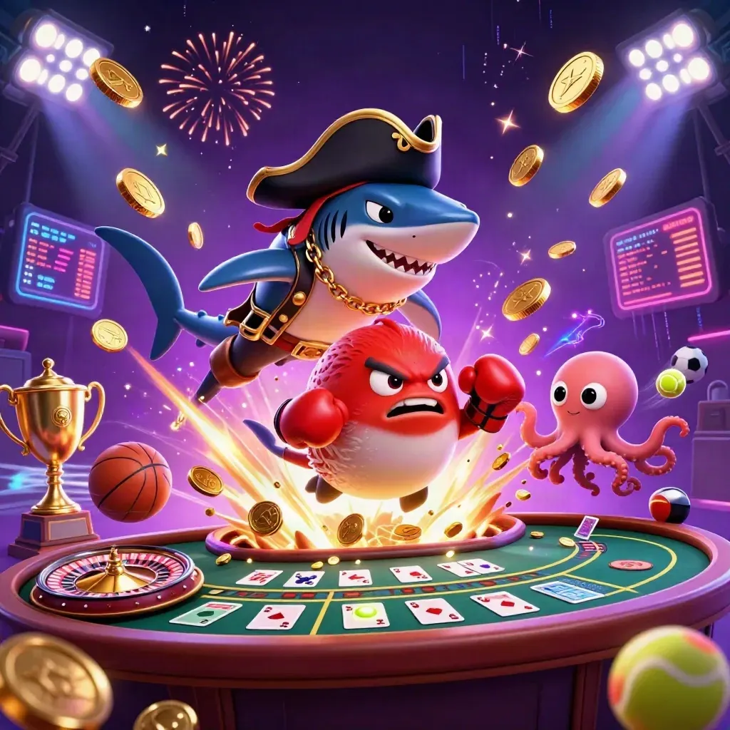 Pirate shark, pufferfish, and octopus amid coins, fireworks, and casino props