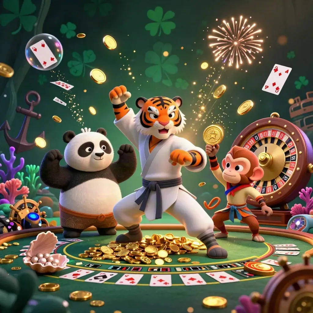 Kung-fu tiger, panda, and monkey amid gold coins, coral, cards, and casino lights.