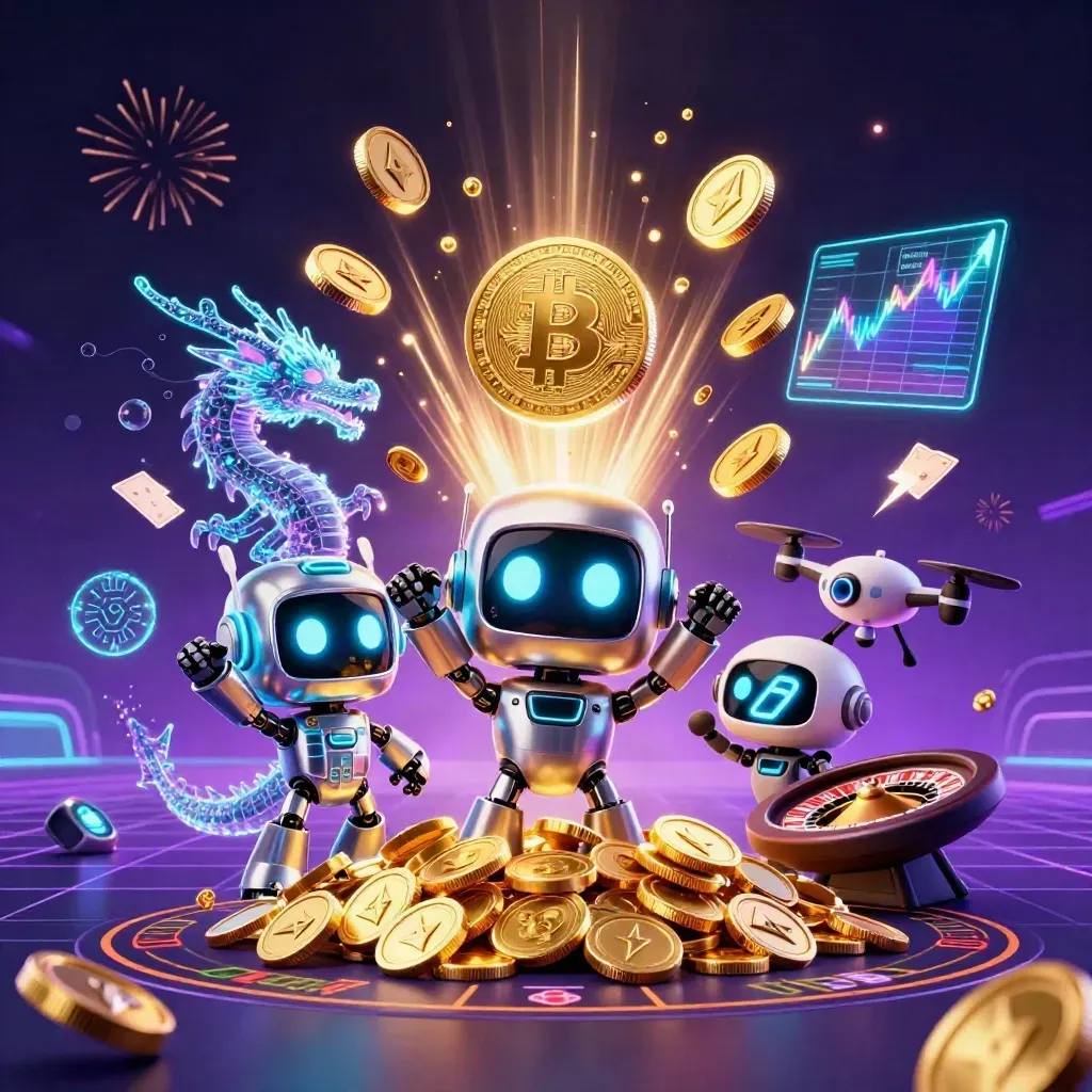 Cyberpunk robot, holographic dragon and coin drone amid gold bursts, neon coins and casino glow.