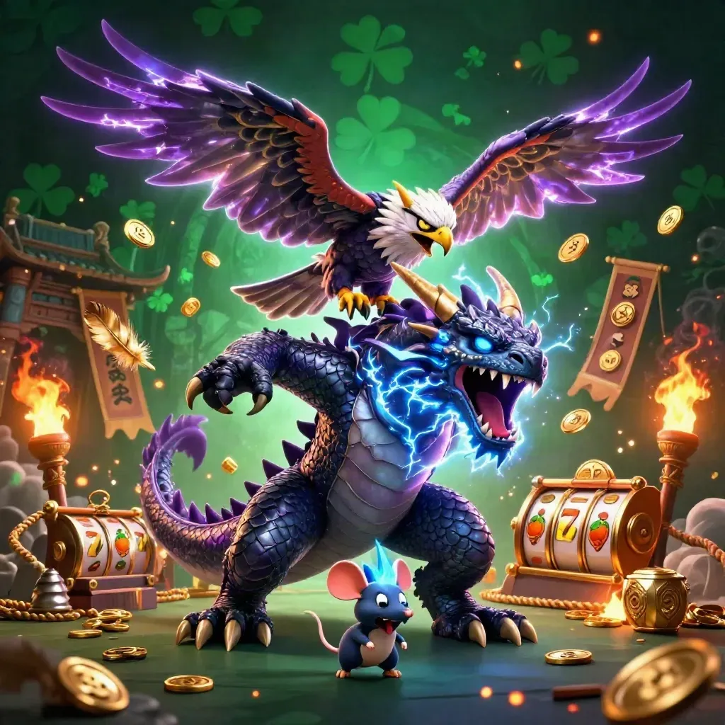 Thunder dragon, wind hawk, and crackling mouse amid gold coins, reels, and temple glow.
