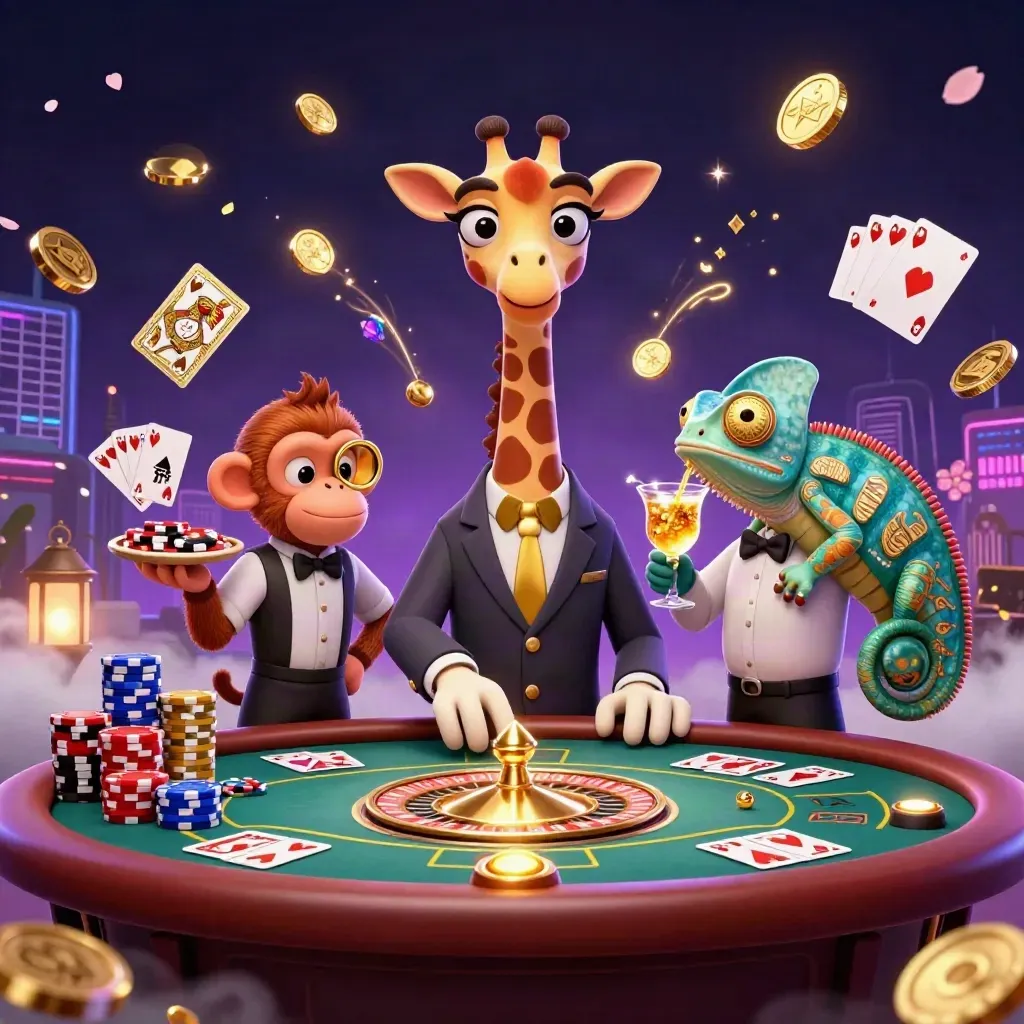 Giraffe high-roller, monkey valet and chameleon bartender amid coins, cards and neon casino glow