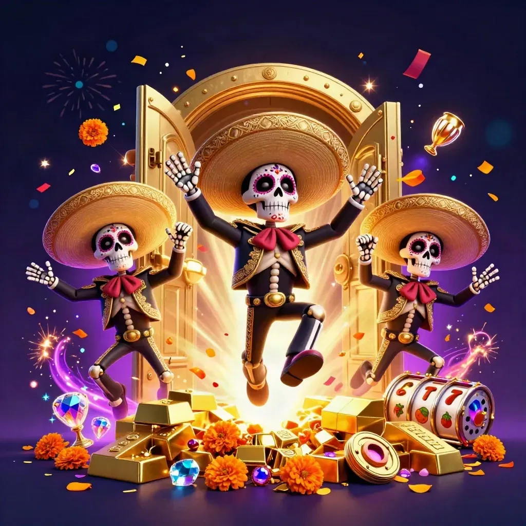 Skeleton mariachi trio with vault, gold, gems, and casino effects on a dark neon background