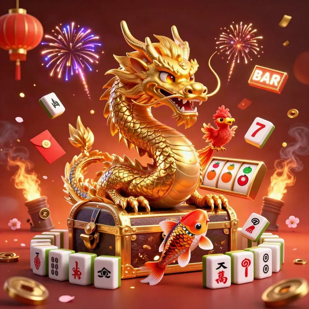 Golden dragon with phoenix, koi, and casino symbols bursting in fiery premium game art.