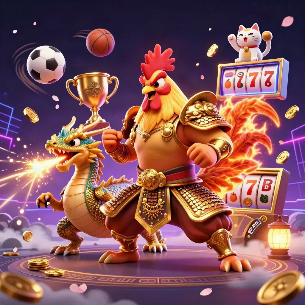 Rooster warrior, dragon hatchling, and lucky cat amid casino sparks on a neon gold dark tile.