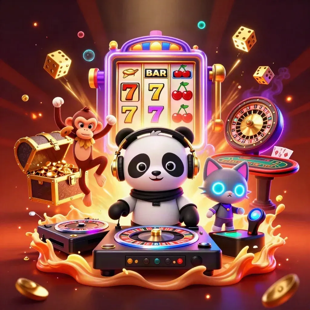 DJ panda, monkey and glow kitten amid casino rewards, gold sparks and neon glow
