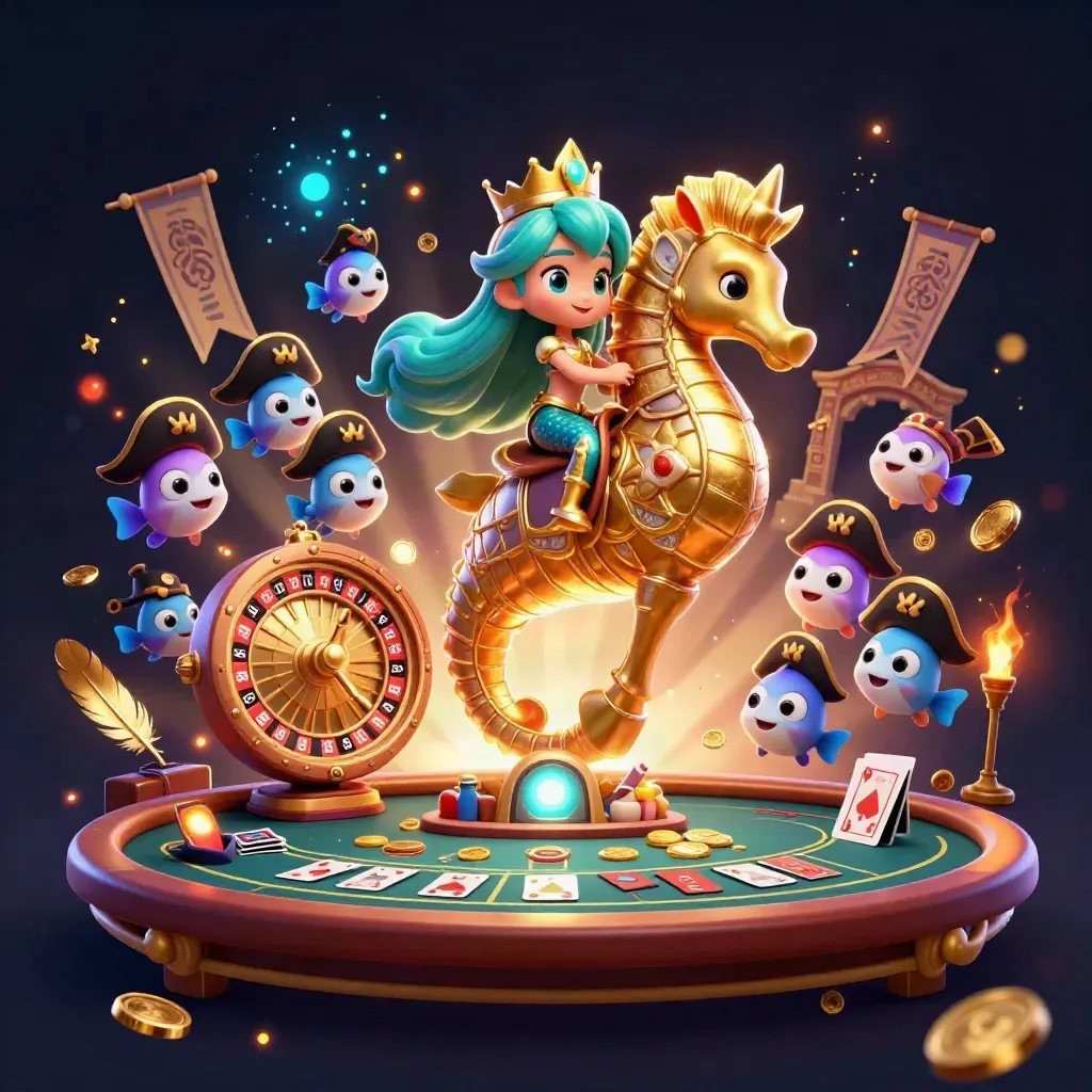 Mermaid princess rides a golden seahorse amid casino magic, coins, roulette and glowing cards.