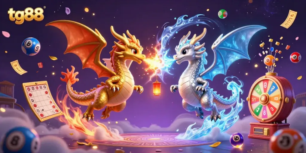 Engage with tg88's vibrant 3D lottery scene featuring dual dragons in action, dynamic gaming elements.
