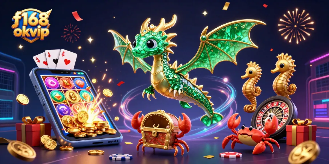 Win big at f168 okvip with colorful slots and exciting casino games in this vibrant 3D illustration.