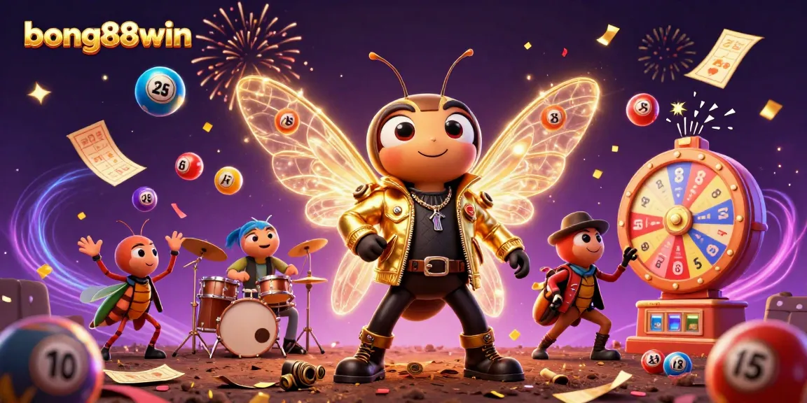 Bong88win inspires excitement with a vibrant 3D casino scene featuring a cicada rock star, animated lottery elements, and festive energy.