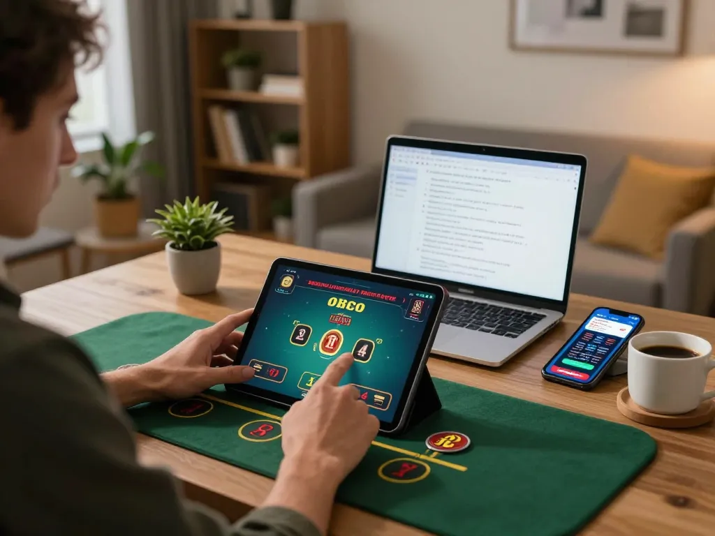 Player engaged in blackjack on a tablet at home, showcasing man88's online gaming interface.