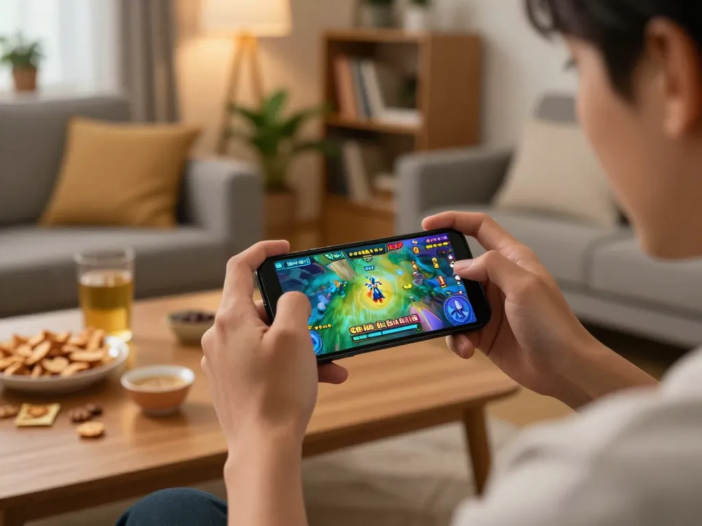 Exciting moment of playing Game bài đổi thưởng on a smartphone in a cozy home setting