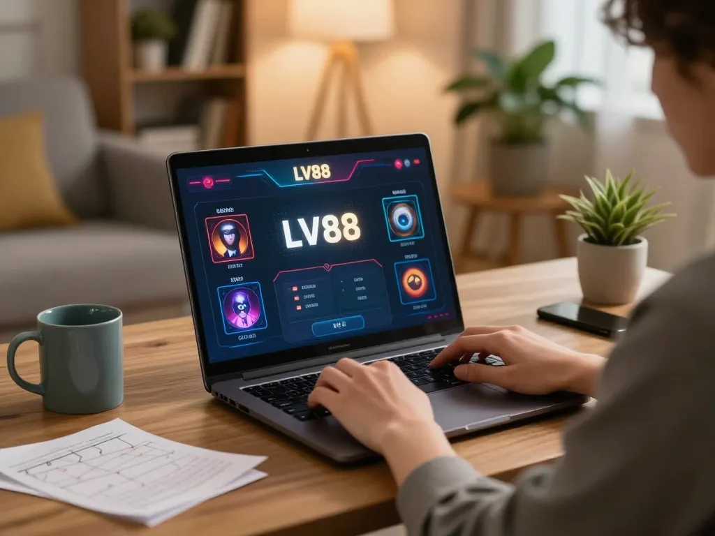 Engage strategically with LV88 online gaming interface in a cozy living room setup.