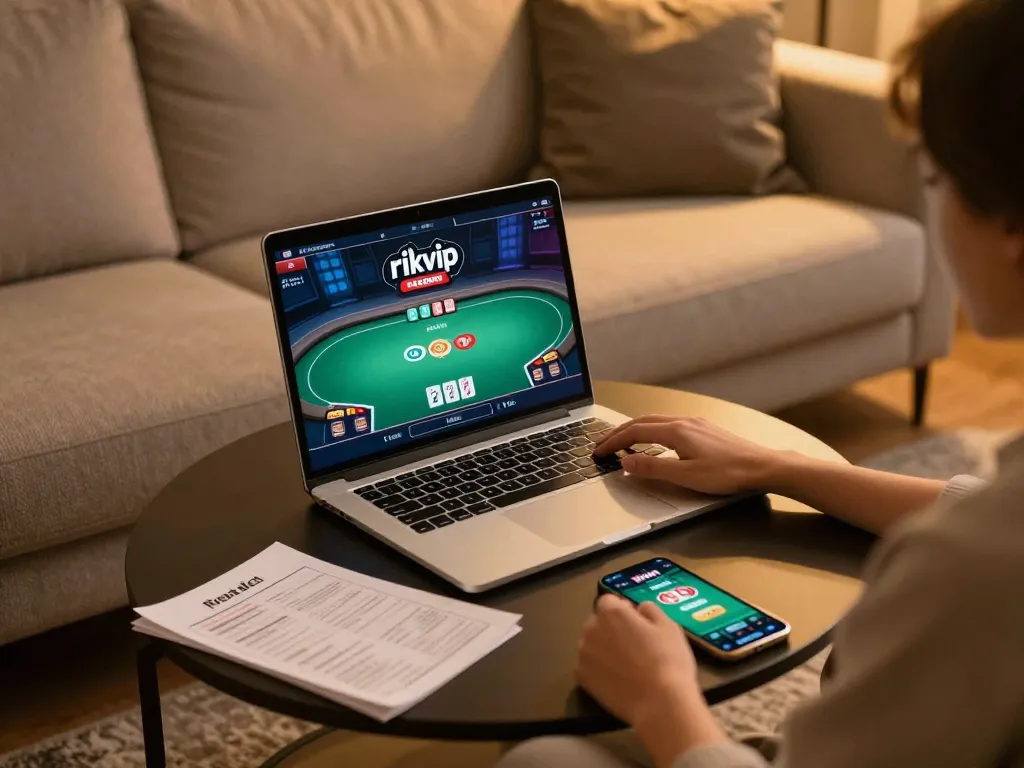 Enjoying an online poker game on rikvip with laptop and gambling strategy notes.