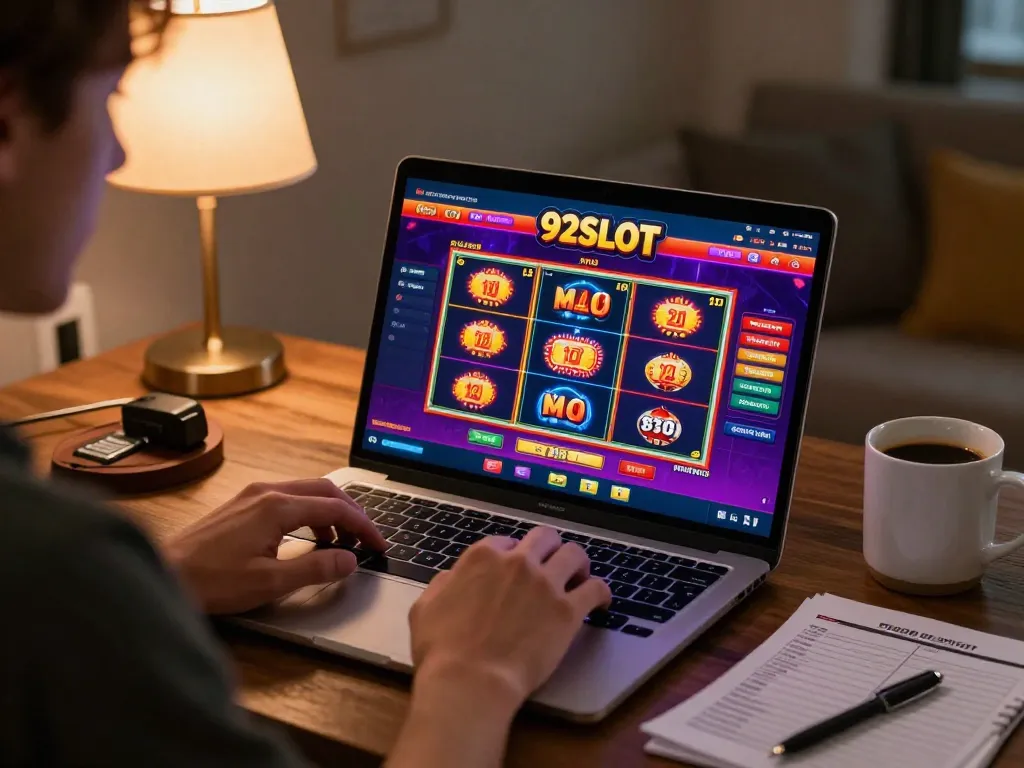 Engaging in online gambling at 92SLOT with vibrant casino interface on laptop.