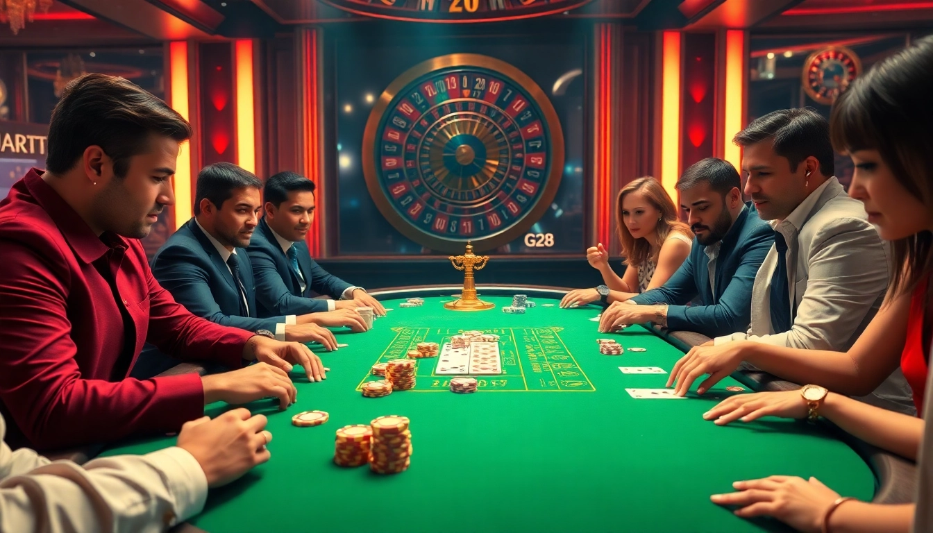 Players engaging in a high-stakes poker game at G28 casino, showcasing excitement and strategy.