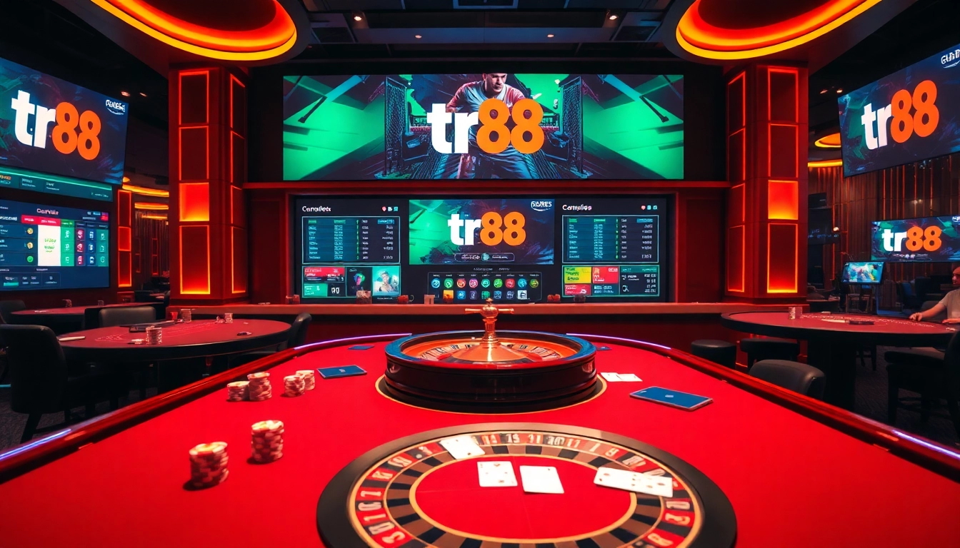 Engage with the tr88 game at a dynamic casino table featuring chips and cards.