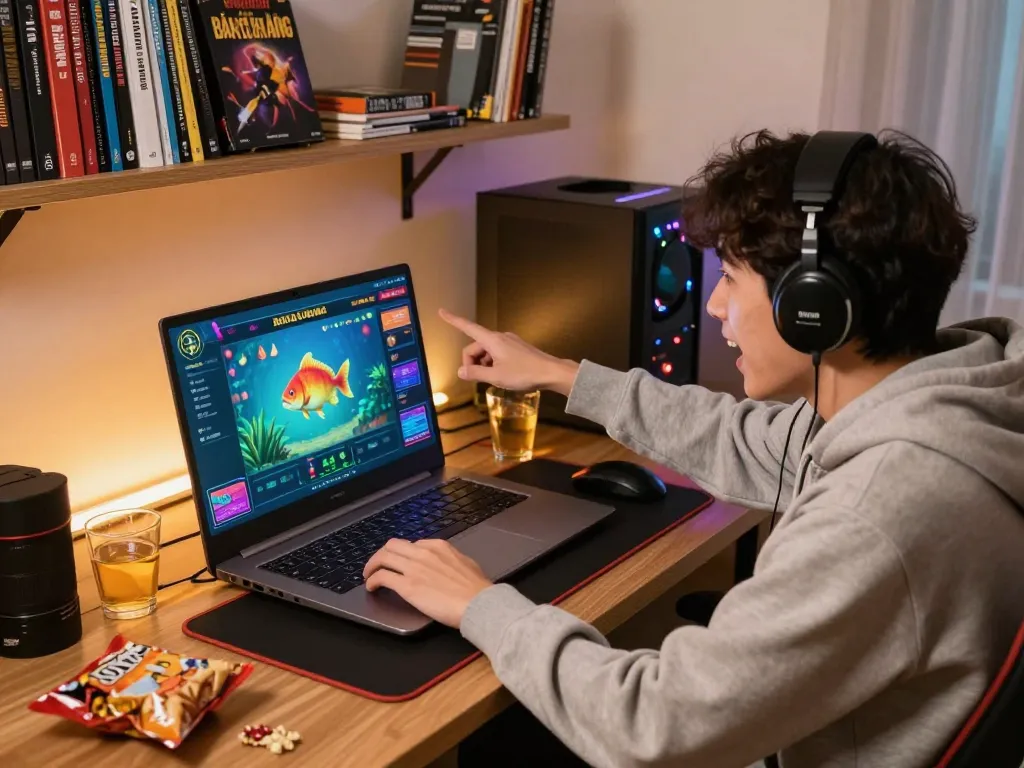 Bắn Cá Đổi Thưởng gameplay on laptop with excited player aiming at colorful fish, cozy workspace setup