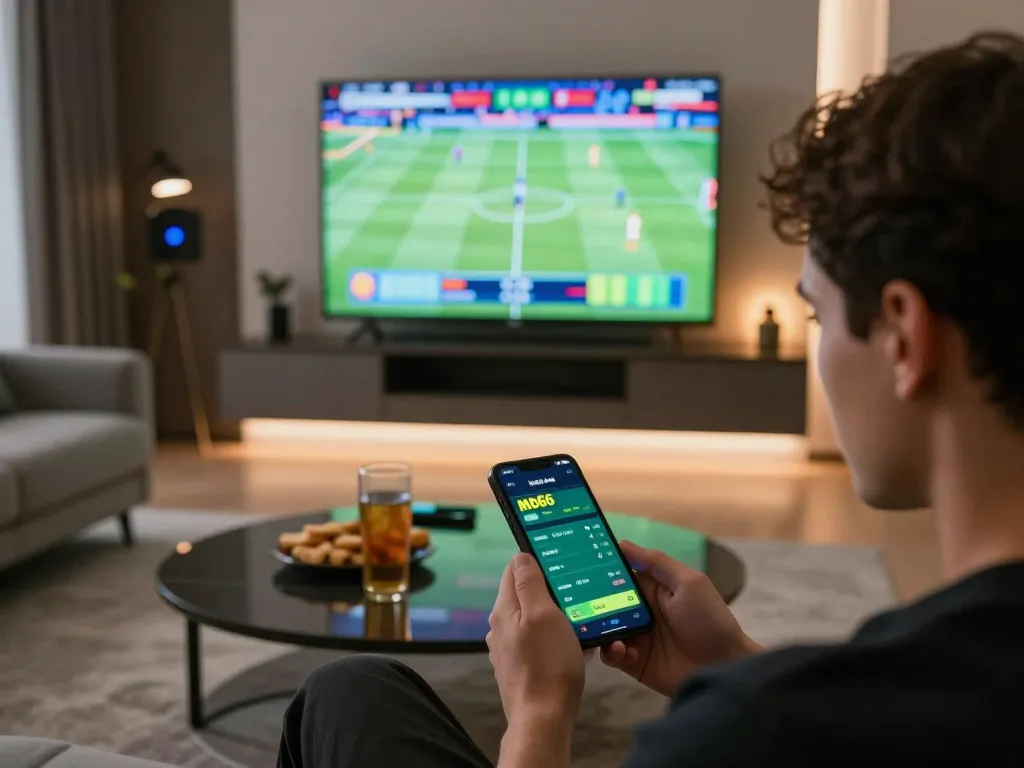 Engagement in mb66 sports betting through smartphone app in a cozy living room setup