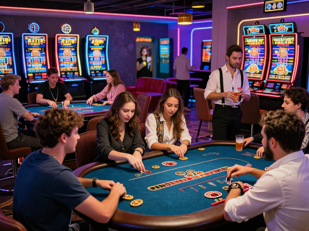 Exciting crypto casino atmosphere with diverse players engaging in high-tech games and digital screens.