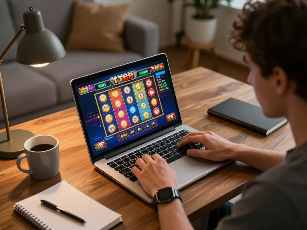 Player enjoying TT88 online casino, engaged in vibrant game session on laptop.