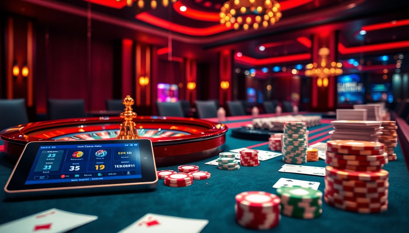 Experience high-stakes gaming at https://88new.autos/ with a vibrant casino table displaying roulette and poker elements.