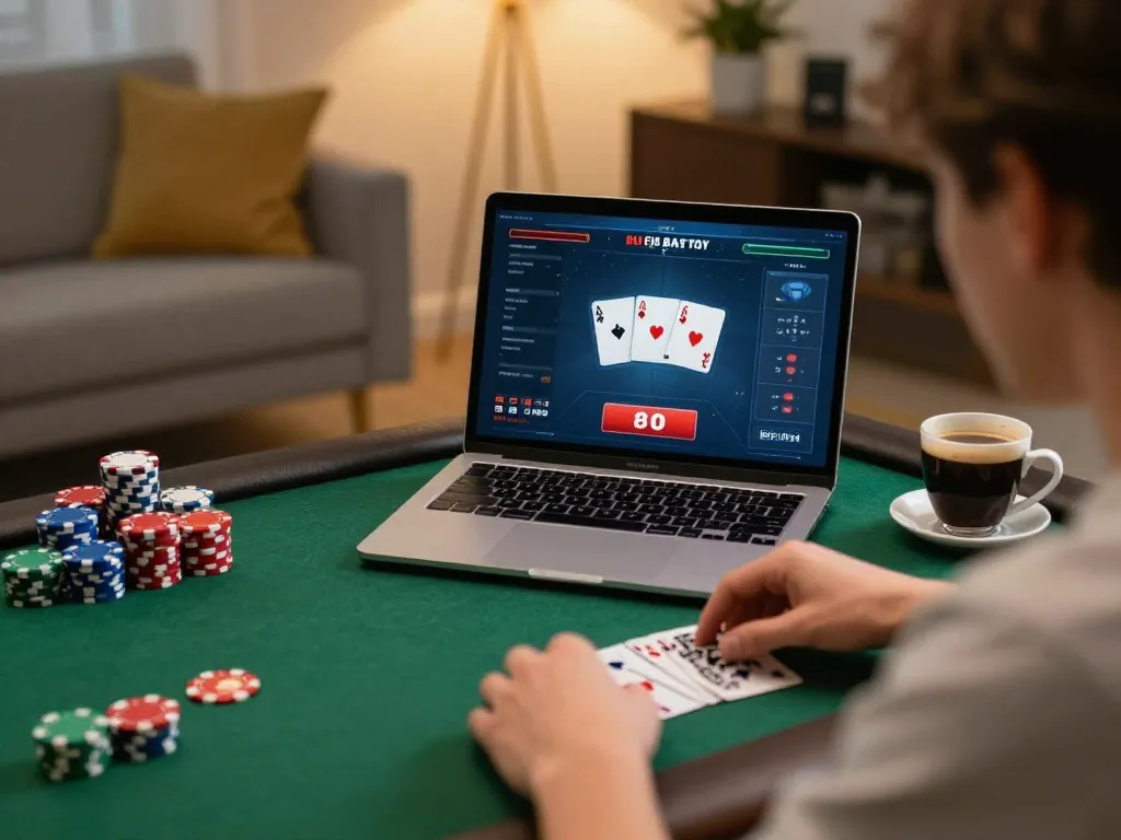 8day online poker gaming scene with a player focused on strategy and gameplay at home