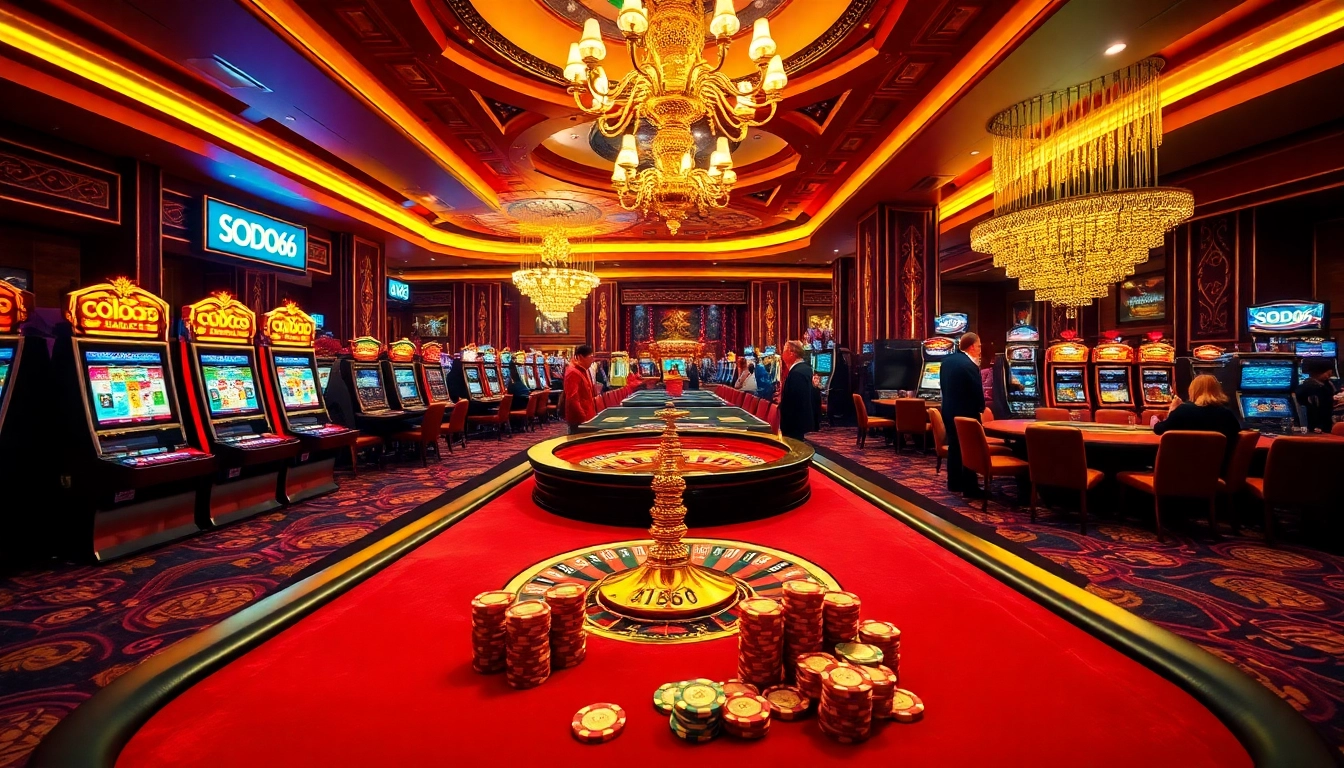 SODO66 gaming excitement with vibrant casino tables, poker chips, and roulette wheel.