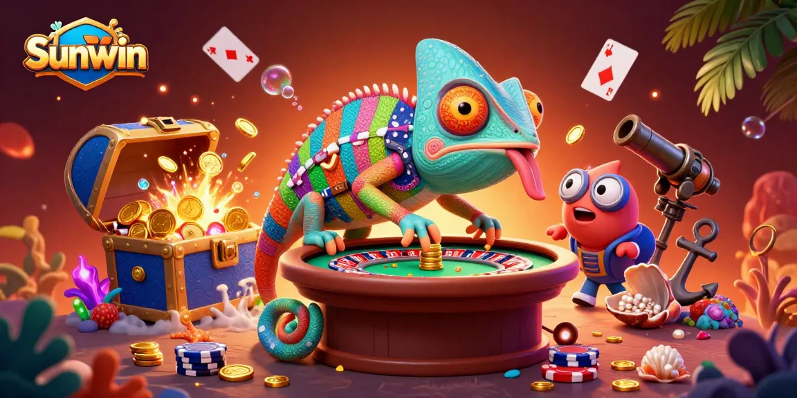 Engage in the vibrant world of Sunwin as a chameleon casino owner snaps golden coins amidst glowing treasures.