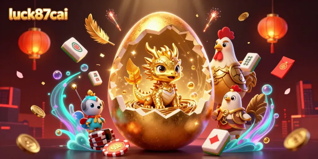 Engage with luck87cai as a golden dragon emerges from a poker chip nest in vibrant casino atmosphere.