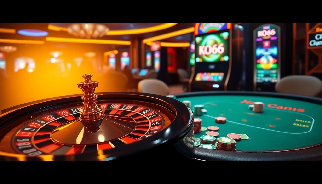 Người chơi casino KO66 tận hưởng trò chơi tại các bàn sang trọng với bánh xe roulette rực rỡ.