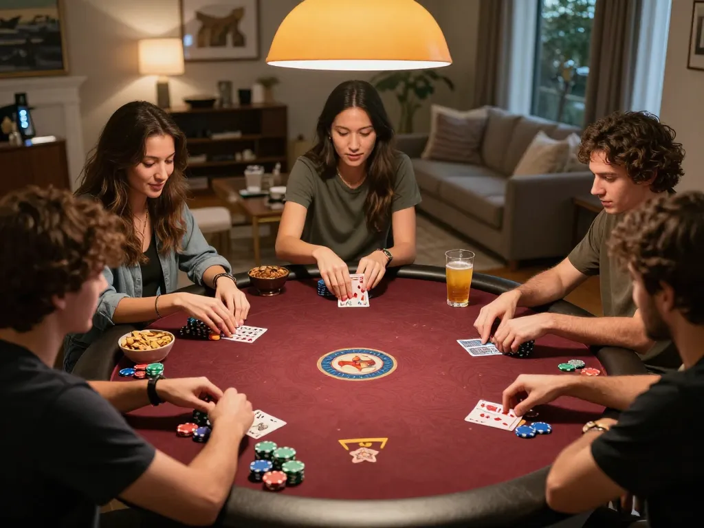 Friends enjoy a thrilling poker night with sc88 in lively atmosphere, showcasing chips and cards