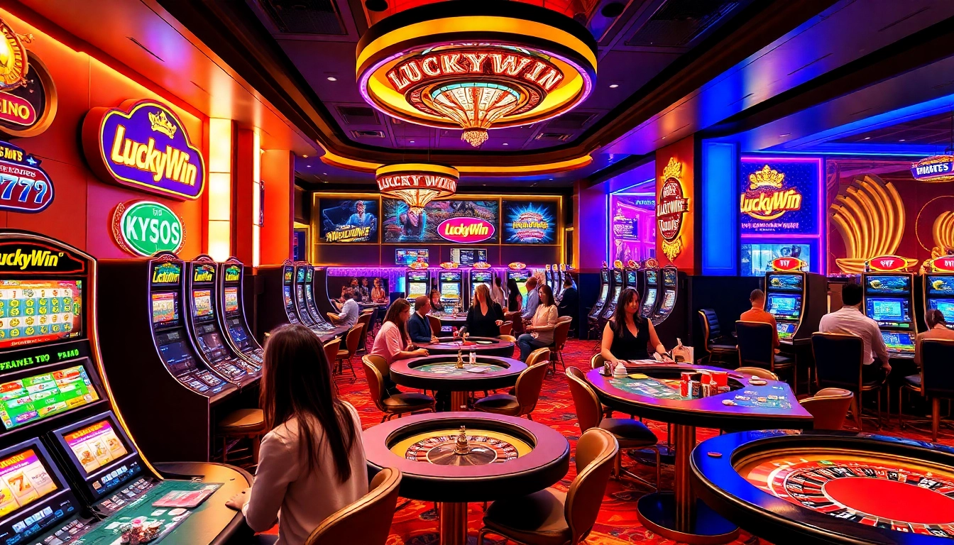 Experience the excitement at LuckyWin with vibrant slot machines and engaged gamblers in a luxurious casino setting.