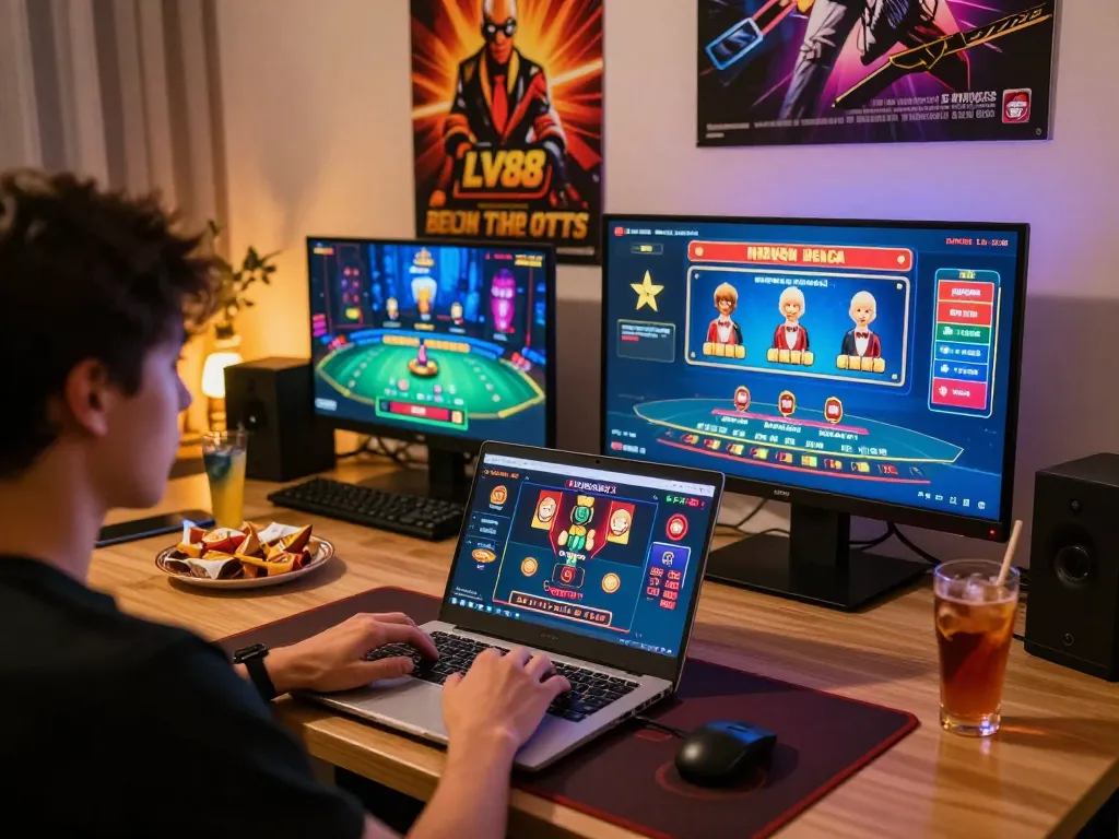 Player enjoying LV88 online casino games on a laptop, surrounded by snacks and drinks.