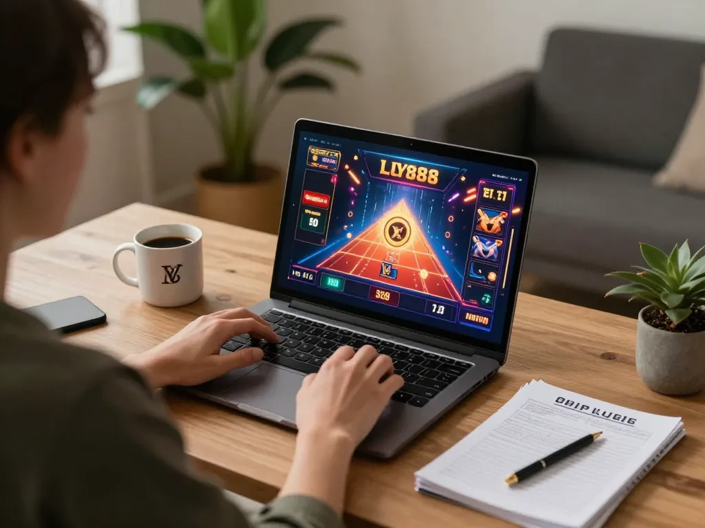 Engaging in LV88 online gaming with laptop and strategy notes in a cozy home office