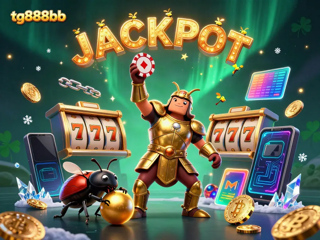 Experience the thrill of tg888bb with a victory pose from a hercules beetle amidst vibrant casino elements.