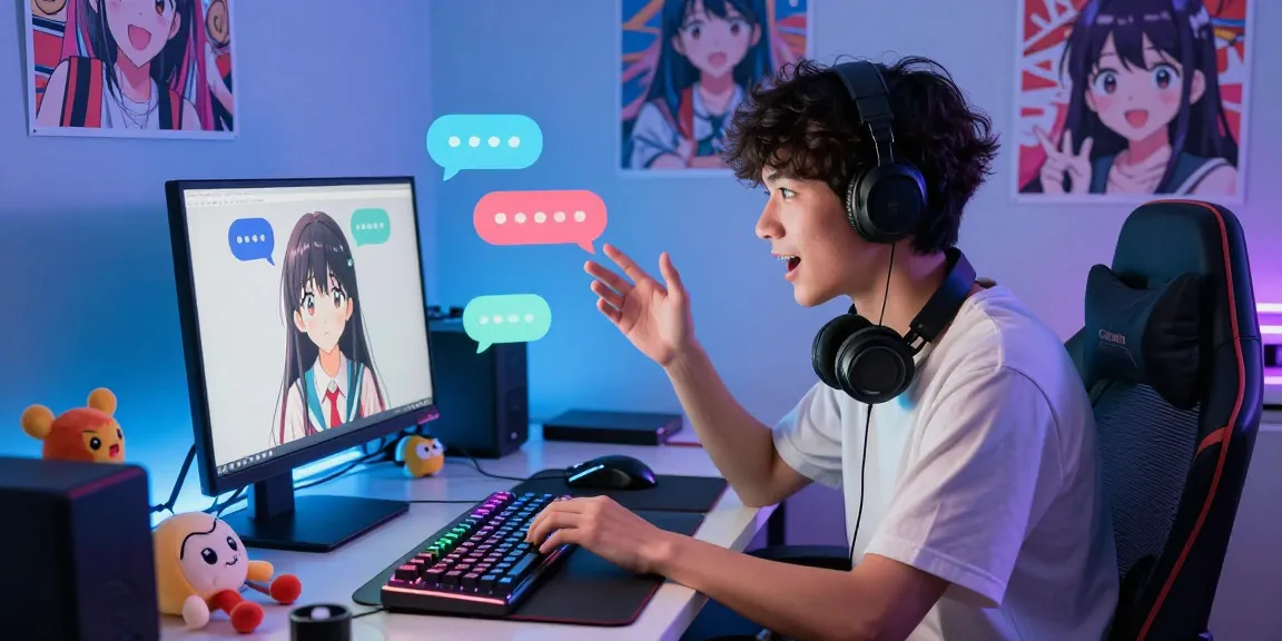 Young adult enjoying an ecchi chat AI interaction in a cozy digital environment filled with colorful characters and gaming accessories.