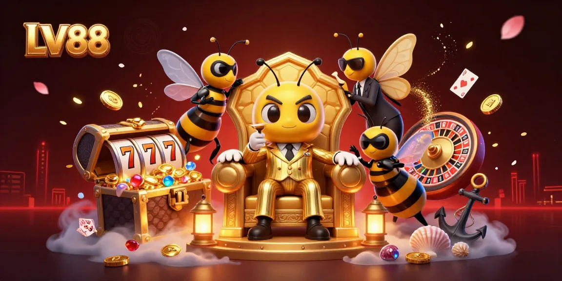 Experience the thrill of LV88 casino with a vibrant illustration of a bumblebee mob boss and gaming elements.