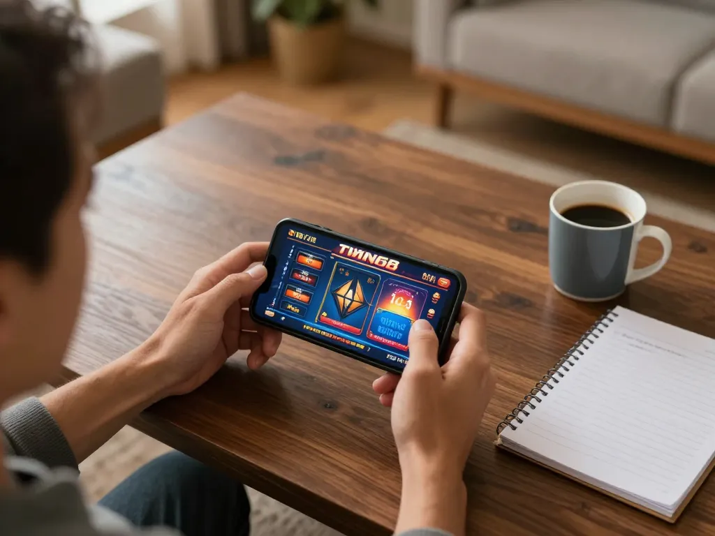 TWIN68 player strategizing while using smartphone for online casino gaming
