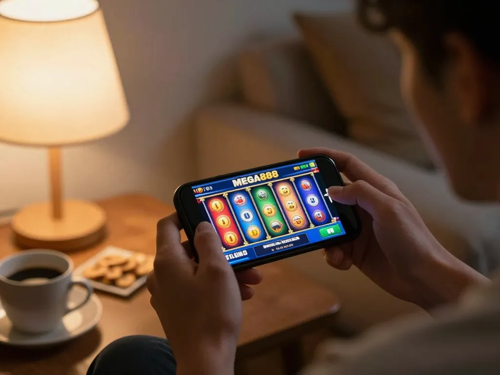 Engaging in MEGA888 mobile slots gameplay in a cozy living room setting.