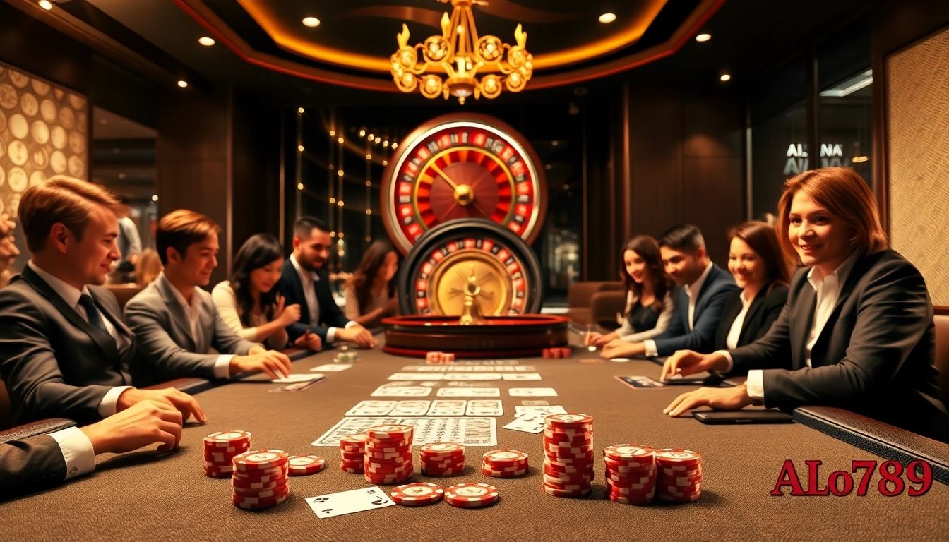 Experience the thrill of ALo789 as players engage at a luxurious poker table with vibrant chips and cards.