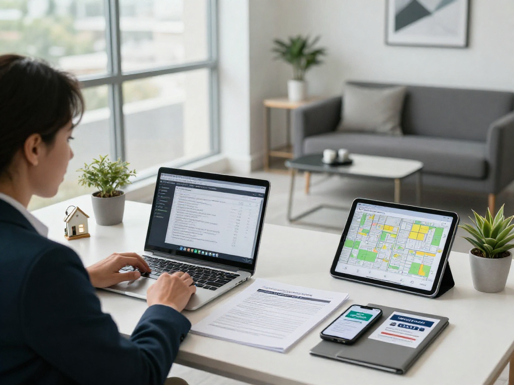 Real estate agent utilizing IDXSTAR system in a bright office workspace.