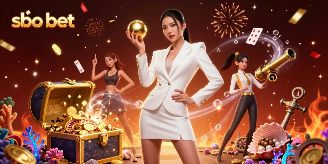 Engage in the excitement of sbo bet with a stunning illustration of a confident Asian woman celebrating casino wins amidst sparkling treasures.