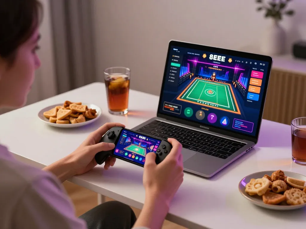 Player engaging with the 8EEE plataforma app in a cozy home gaming setup, showcasing interactive casino experience.