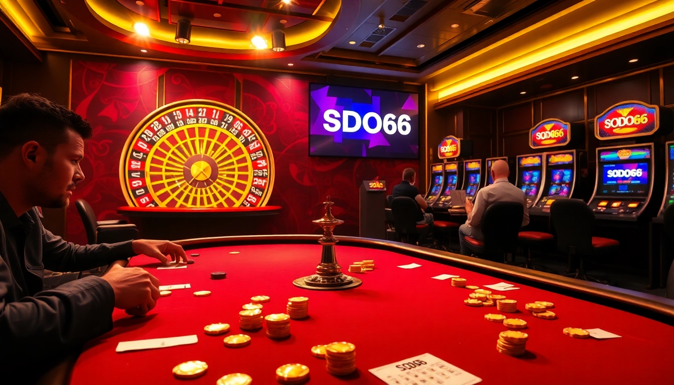 SODO66 casino scene showcasing high-stakes poker, roulette wheel, and vibrant slot machines