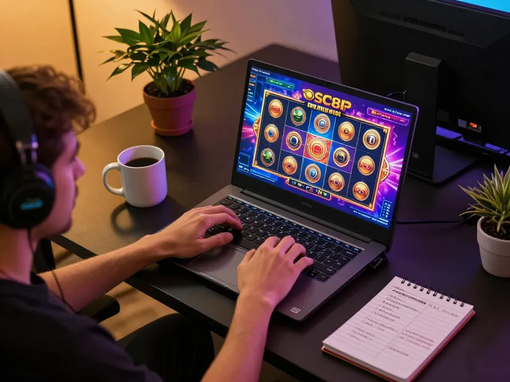 Player enjoying SC88 online casino slots on their laptop with a stylish setup
