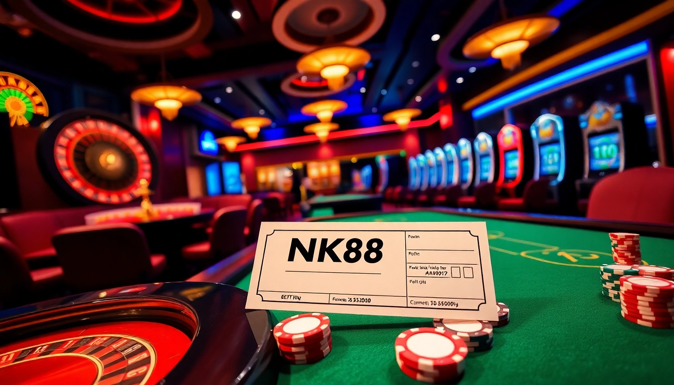 Experience thrilling gambling excitement at NK88's luxurious casino scene featuring vibrant slot machines and poker tables.