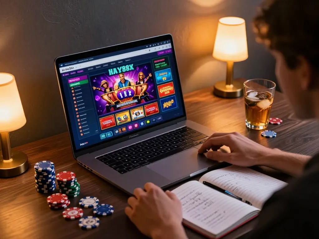 Player enjoying the hay88x online casino gaming experience at home with vibrant gaming elements.