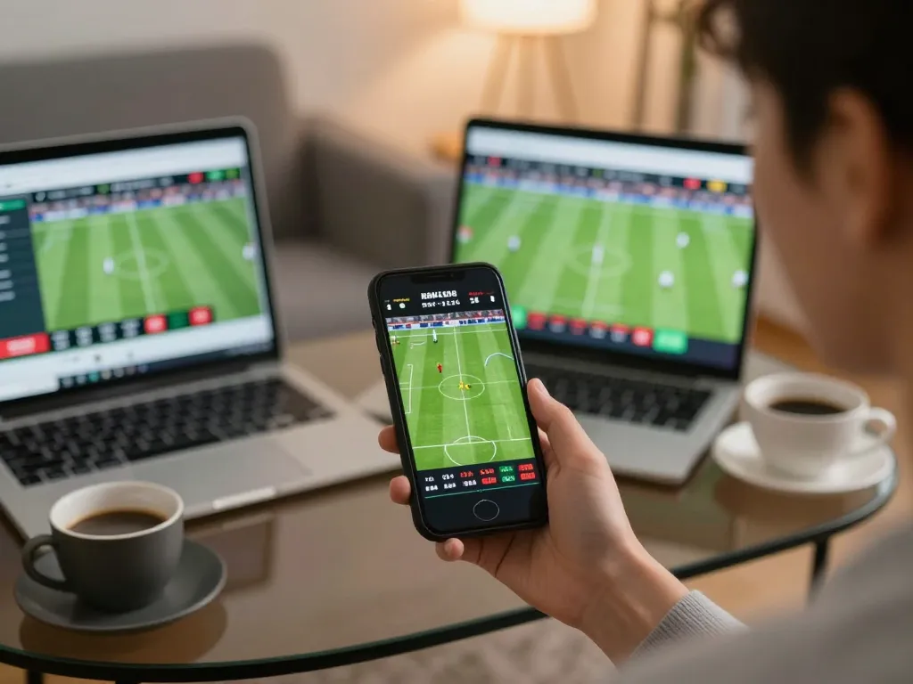Soi Kèo interactive sports betting scenario with a user placing live bets on their smartphone at home