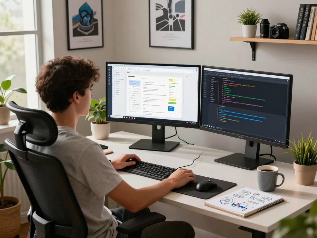 Moltbot workspace featuring a developer using dual monitors for task automation in a bright and inspiring tech environment